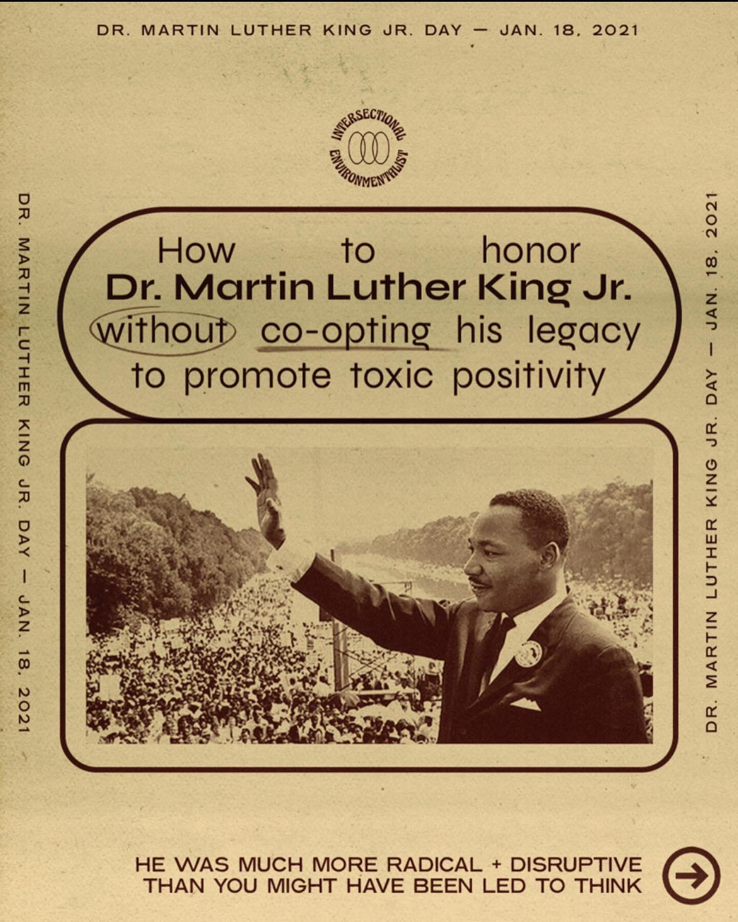 today we will read, hear and see many Dr. MLK Jr. quotes - but, we're choosing to share a very important post from @intersectionalenvironmentalist -- swipe to read + learn. 
⠀⠀⠀⠀⠀⠀⠀⠀⠀
&quot;In honor of Dr. King, we&rsquo;re not staying silent in the face of oppression, injustice or intolerance 🗣️ Dr. Martin Luther King Jr. was an agent of radical change 🎇 As we reflect on his legacy, let&rsquo;s not forget that his profound impact has been watered down + weaponized to market products, police &ldquo;unacceptable&rdquo; forms of protest + uphold narratives that support oppressive systems 🙅🏽 ⚒️ 🐑
⠀⠀⠀⠀⠀⠀⠀⠀⠀
In honoring the legacy of Dr. King + the folks that supported, inspired + fought for freedom alongside him, we&rsquo;re only telling relevant, revelatory + revolutionary truths. 🔊 🌞 🤝&quot;
⠀⠀⠀⠀⠀⠀⠀⠀⠀
graphic by @eileenjawn 💓
research by @dnaeetheehistorian ✨ @lexiiimh ✨ @greengirlleah
⠀⠀⠀⠀⠀⠀⠀⠀⠀
FOLLOW @intersectionalenvironmentalist
⠀⠀⠀⠀⠀⠀⠀⠀⠀
#MLK #MLKDay #DrKing #MartinLutherK
